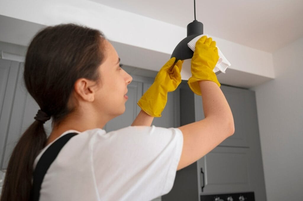 A person wearing yellow gloves cleaning a pendant light fixture with sunshine window cleaning.