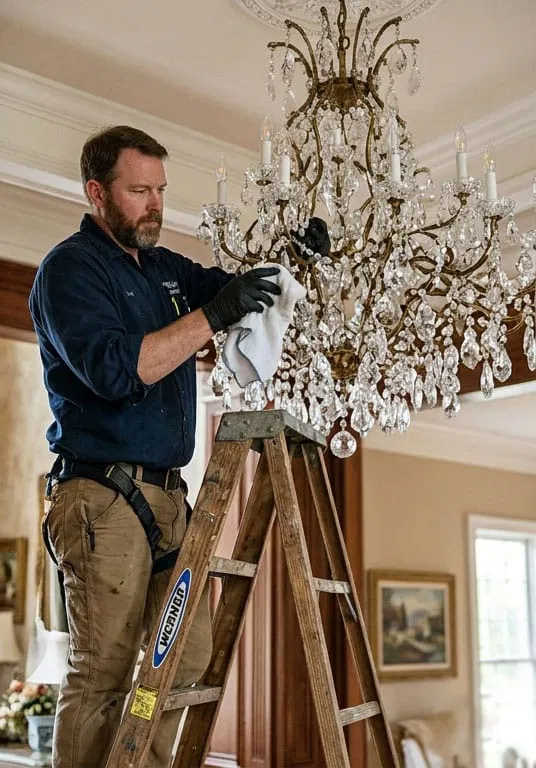 Man Standing On A Ladder Cleaning A Large Crystal Chandelier In A Well-Lit Room With Framed Artwork, Showcasing Expert Atrium Cleaning.