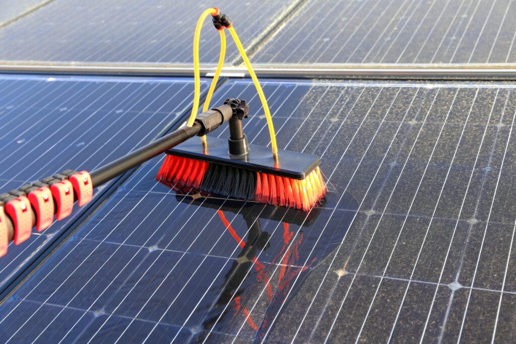 A brush with water jets provides efficient solar panel cleaning, ensuring the surface stays spotless even under bright sunlight.